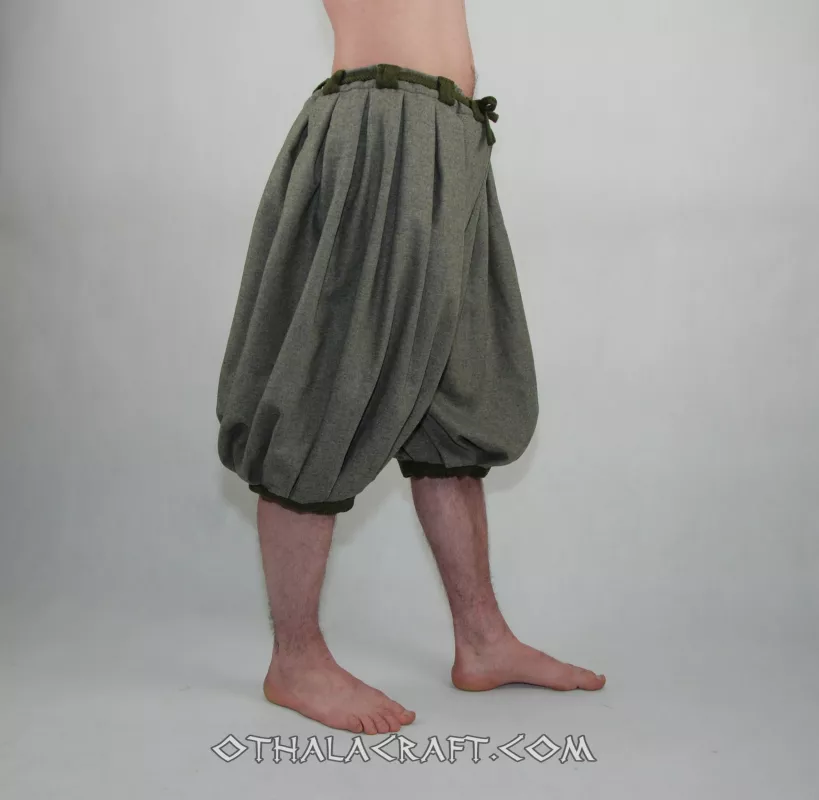 Trousers made from grey wool, and olive green wool in herring bone pattern.