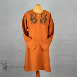 Decorated Viking tunic made of dark orange linen. Shape based on a find from Birka (Sweden),