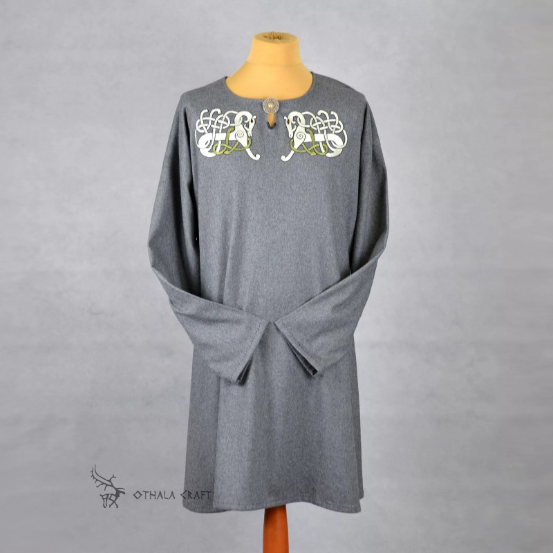 Wolltunika mit Stickerei, Wikinger – Grau
