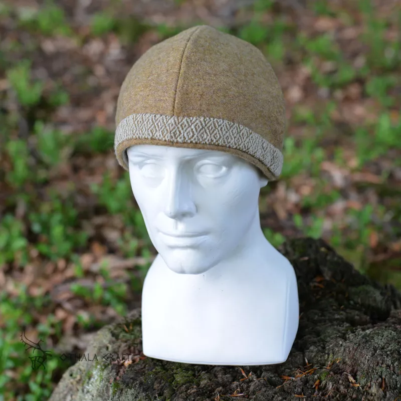 Simple viking  hat made of light brown wool, making it the perfect hat for cold days