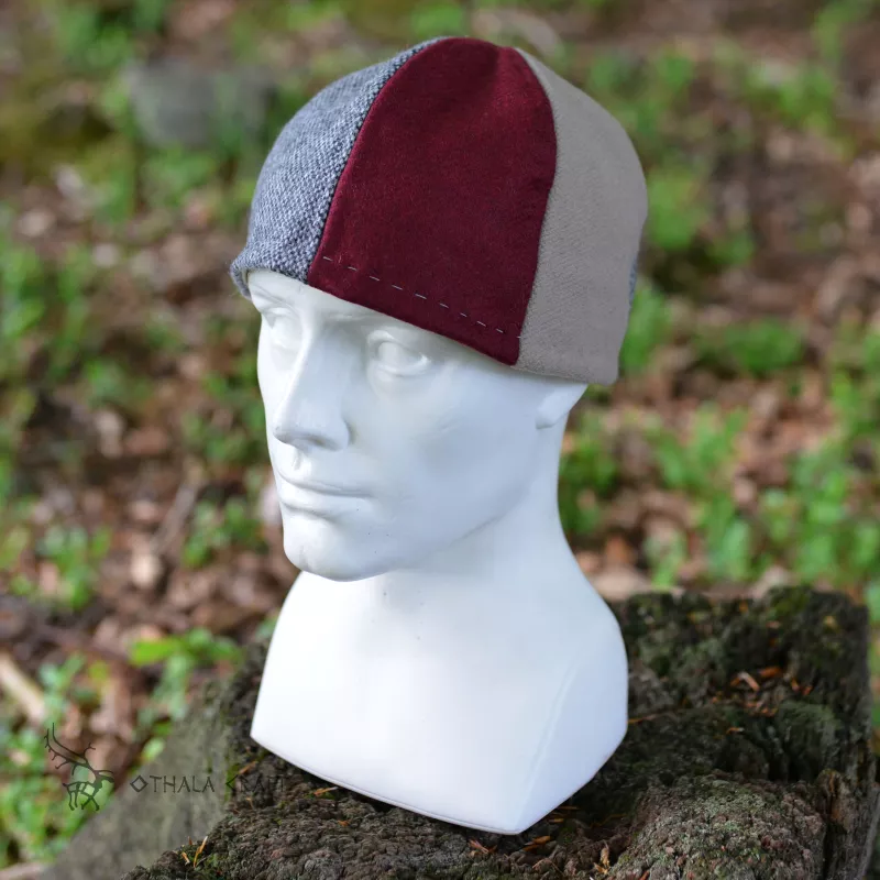 Beautiful viking  hat, made of three colors of wool in six wedges.