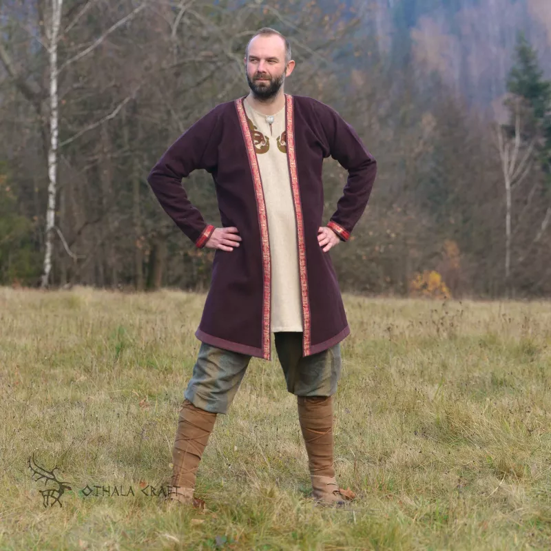 Kaftan made of wool (100%) in dark burgundy color. This shape of coat are comfortable, close to body.