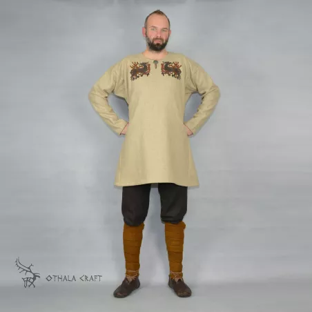 Reconstruction of trousers found in Thorsberg (Thorsbjerg Mose). Made from dark brown / black wool in herring bone pattern.