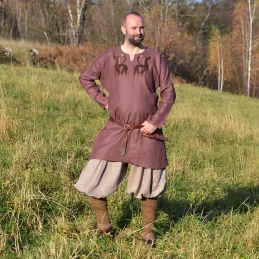 Decorated Viking tunic made of plum color of linen.