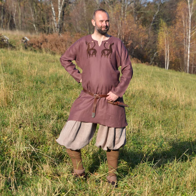 Decorated Viking tunic made of plum color of linen.