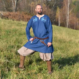 Decorated Viking tunic made of dark blue color of linen. Shape based on a find from Birka (Sweden), 8th-9th cent.