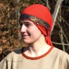 The headband is made of  linen in blue color, decorated with layer of woven in a pattern of ancient silk.