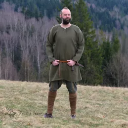 Simple T-tunic made of linen fabric in olive green color. Shape based on a find from Birka (Sweden), 8th-9th cent.