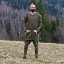 Simple T-tunic made of linen fabric in olive green color. Shape based on a find from Birka (Sweden), 8th-9th cent.