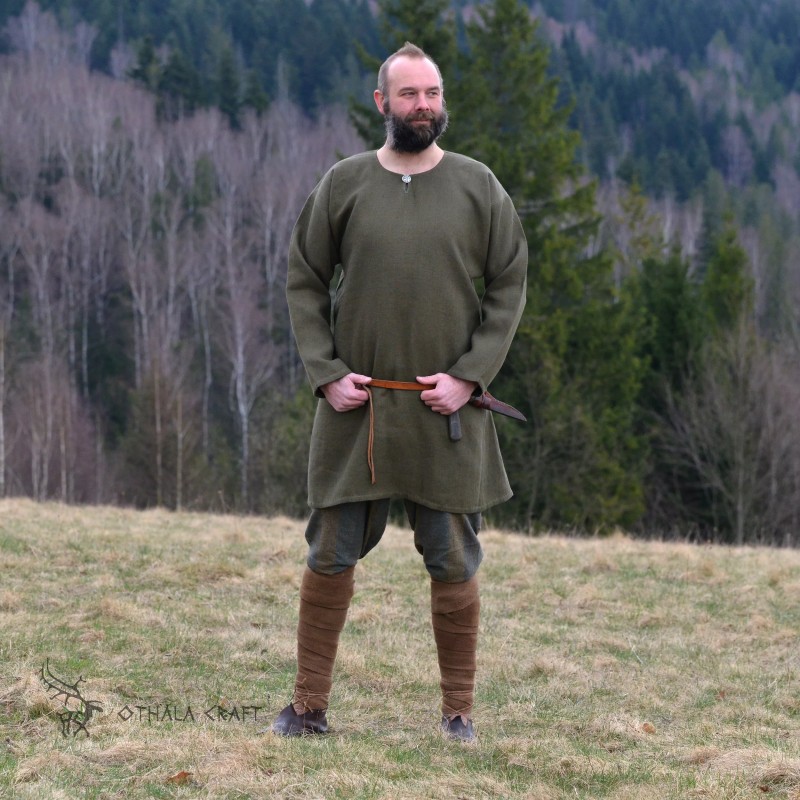 Simple T-tunic made of linen fabric in olive green color. Shape based on a find from Birka (Sweden), 8th-9th cent.