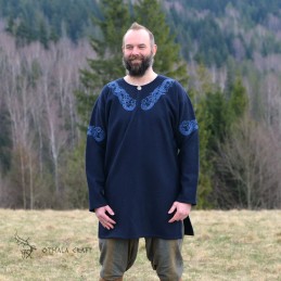 Decorated Viking tunic made of dark blue wool. Shape based on a find from Birka