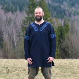 Decorated Viking tunic made of dark blue wool. Shape based on a find from Birka