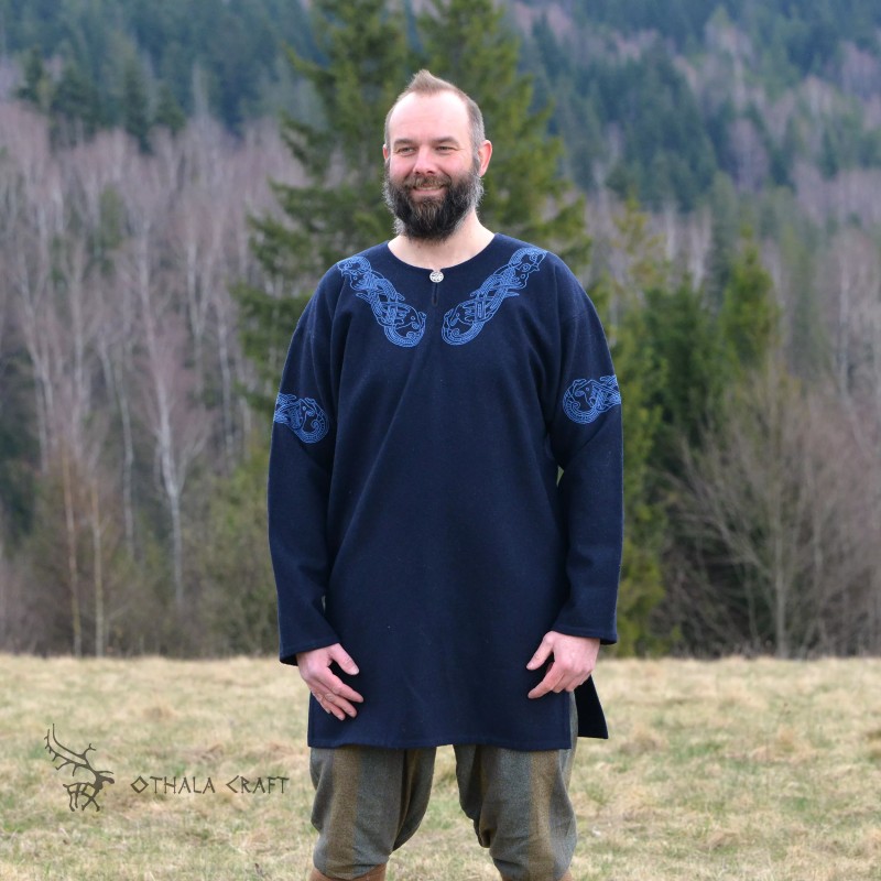 Decorated Viking tunic made of dark blue wool. Shape based on a find from Birka