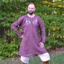 Decorated Viking tunic made of plum color of linen.