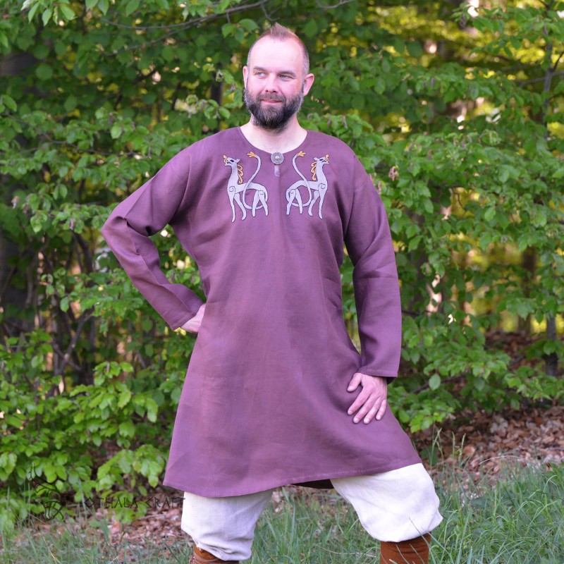 Decorated Viking tunic made of plum color of linen.