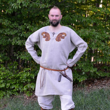 Decorated Viking tunic made of linen in natural color