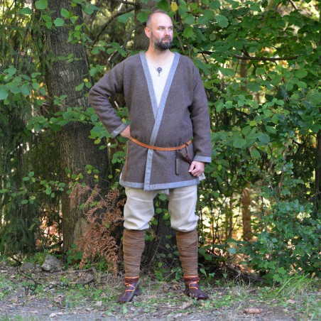 Brown wool Hedeby kaftan (Klappenrock) with grey-green trim, hand-sewn.