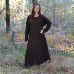 Brown herringbone wool Viking dress, simple early medieval T-shape cut.