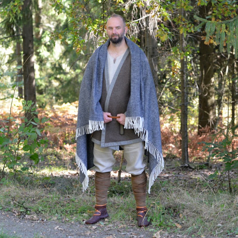 Dark blue-grey Viking cape of 100% wool in a herringbone pattern, to wear as a cape or use as a blanket.