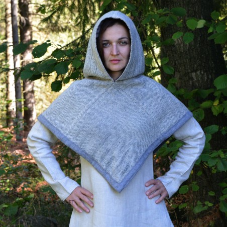 Grey herringbone Viking hood of undyed wool with grey trim, shape based on the Skjoldehamn find.