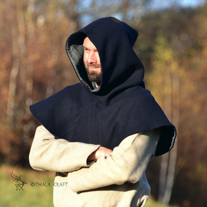 Dark blue Viking hood of 100% wool lined with grey linen, shape based on the Hedeby find.
