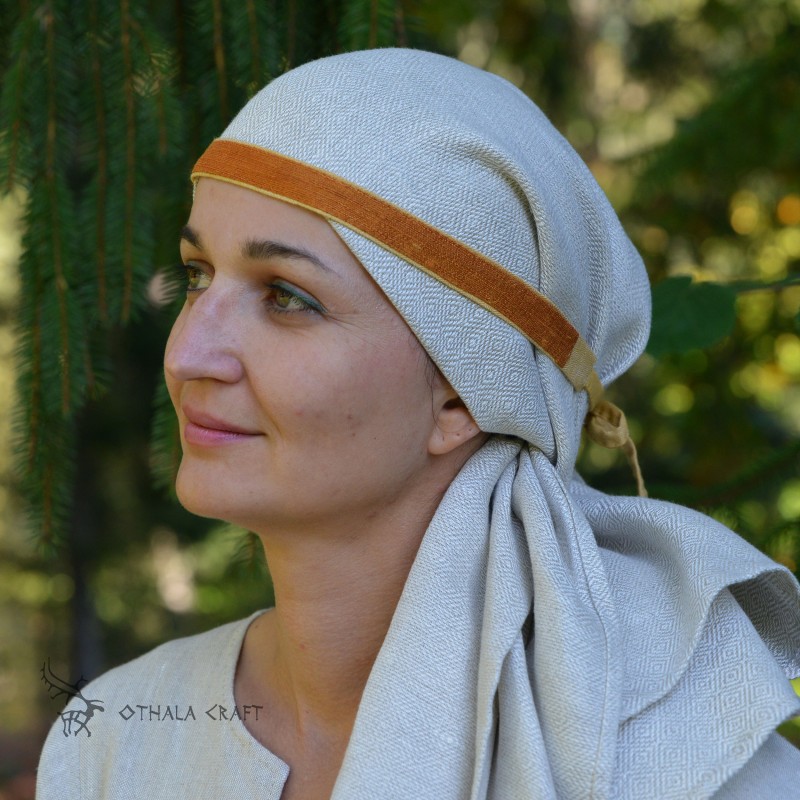 Wikinger-Stirnband für Frauen aus gelbem Leinen mit orangefarbener, handgewebter Seidenborte.