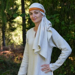 Viking Age women's headband of dark orange linen with an orange hand-woven silk layer.