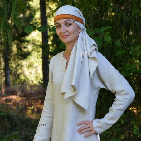 Viking Age women's headband of dark orange linen with an orange hand-woven silk layer.
