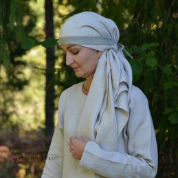 Viking Age women's headband of natural linen woven in a diamond pattern.