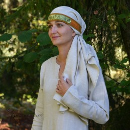 Viking Age women's headband of dark yellow linen with a hand-woven orange silk layer.