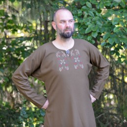 Wikinger-Wolltunika mit Mammen-Stickerei – Khakigrün