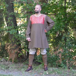 Viking tunic of brown diamond-weave wool trimmed with red silk brocade.