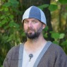 Viking woolen hat made of grey and blue hand-woven herringbone wool, half lined with linen.