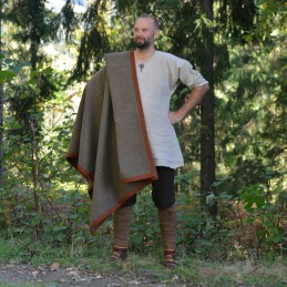 Wikingerumhang aus Lodenwolle – Oliv mit ziegelroter Borte