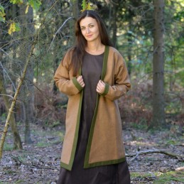Women's Viking wool coat after Haithabu – Light brown, green trim