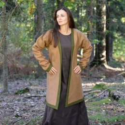 Women's Viking wool coat after Haithabu – Light brown, green trim