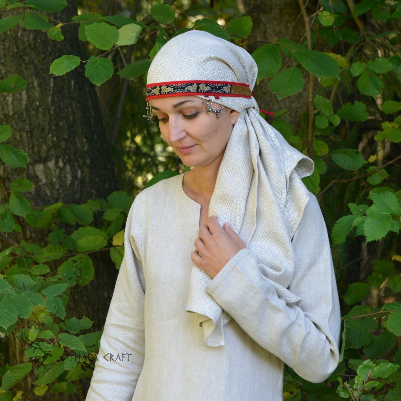 Wikinger-Stirnband für Frauen aus rotem Leinen mit goldfarbener Seide im Muster Red Astana.