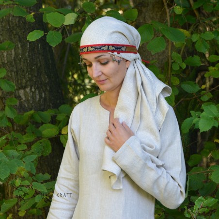 Viking women's headband of red linen with golden silk in the Red Astana pattern.