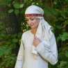 Viking women's headband of red linen with golden silk in the Red Astana pattern.
