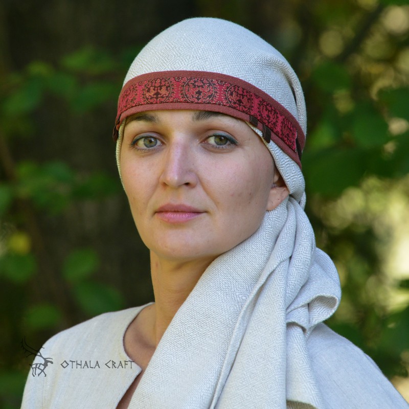 Viking women's headband of madder red linen with brown silk in the Red Astana pattern.