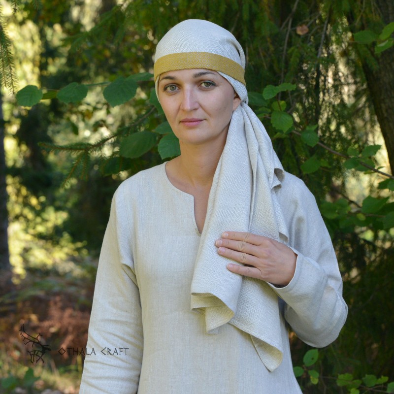 Wikinger-Stirnband für Frauen aus gelbem Leinen mit Rautenmuster.