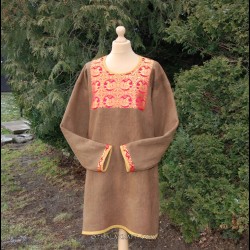Brown, plant dyed tunic with brocaded silk, Viking, early medieval
